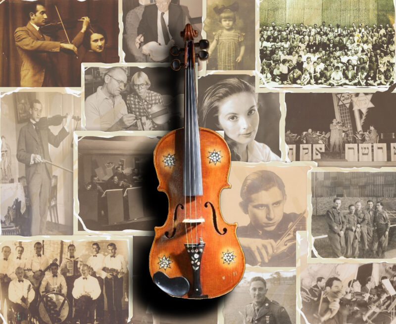 A collage of old photographs from Violins of Hope of Jewish musicians with a violin laying on top