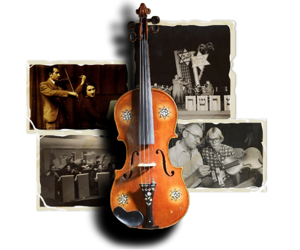 violin overlaying 4 old black and white photos of people playing violins